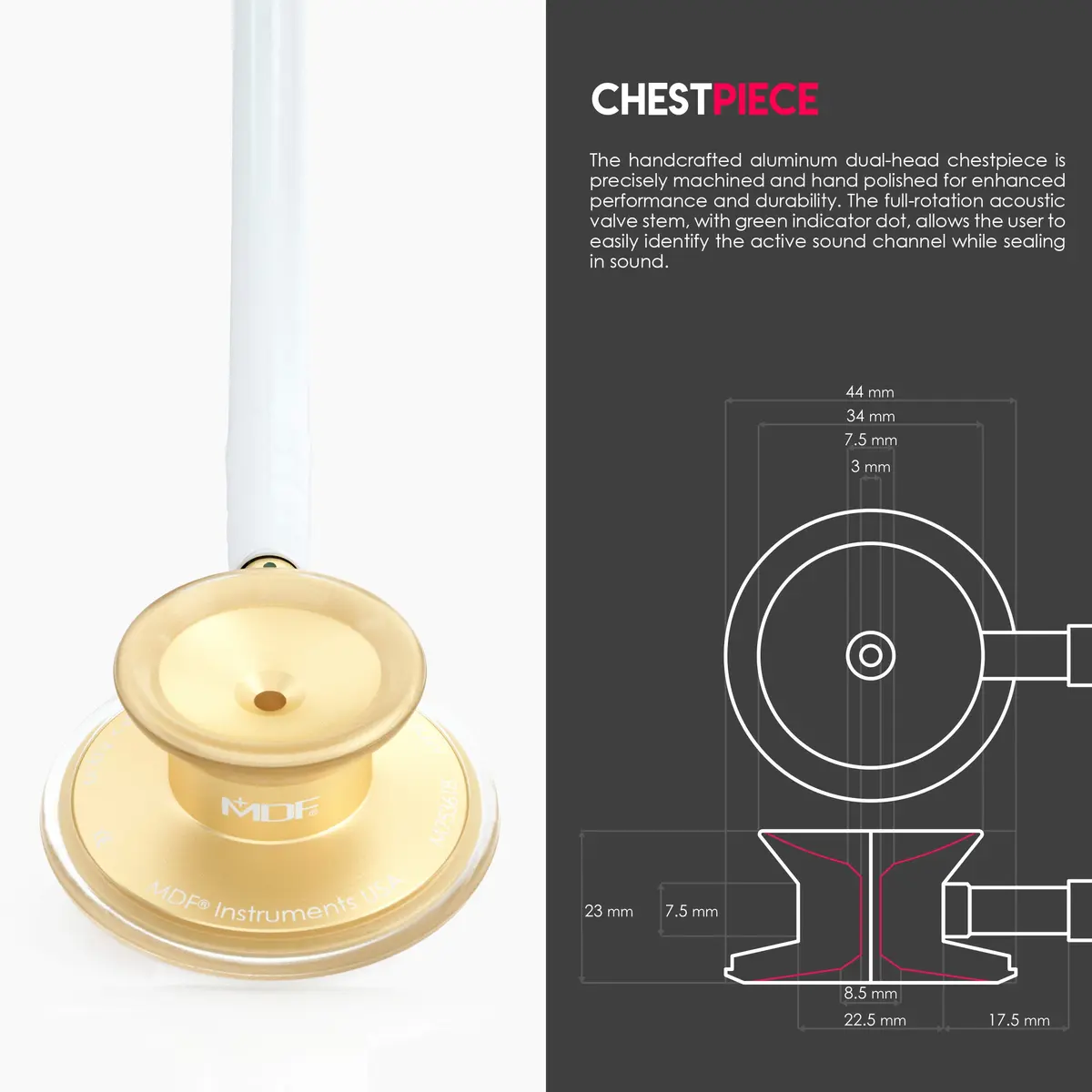 MDF Instruments Acoustica Lightweight Stethoscope for Adults Dual Head White Tube Gold Chestpiece | Trusted Diagnostic Tool - view 4