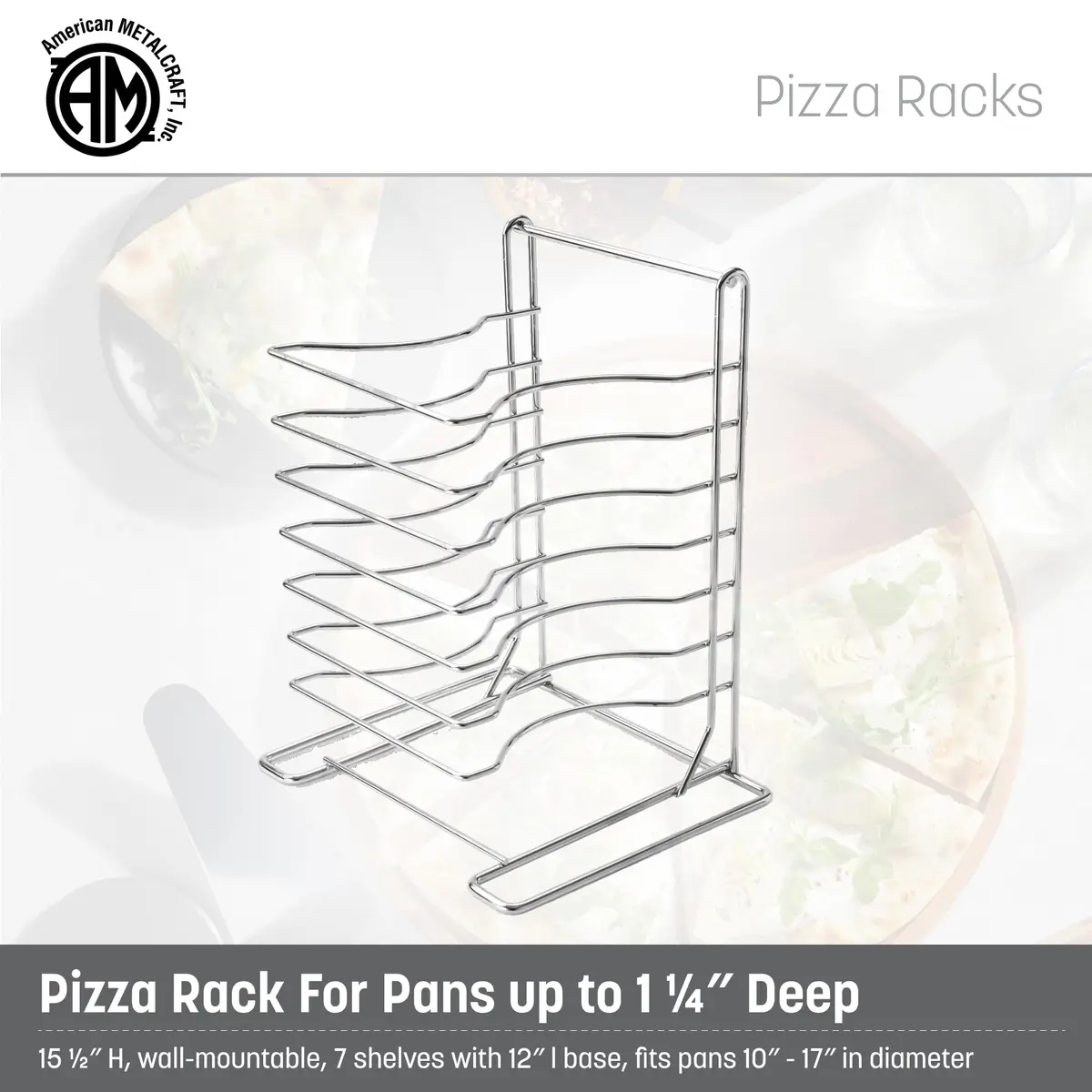 American Metalcraft 19107 Pizza Rack - 7-Tier, Chrome Steel - Wall Mount or Freestanding, 15"H x 10"W x 12"L - view 2