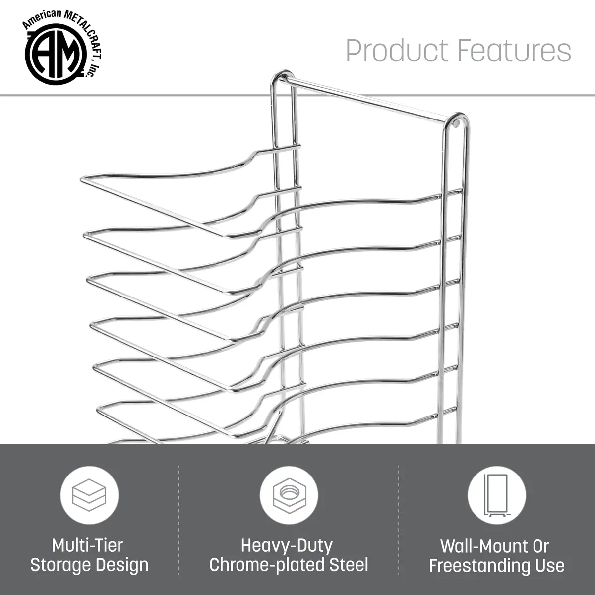 American Metalcraft 19107 Pizza Rack - 7-Tier, Chrome Steel - Wall Mount or Freestanding, 15"H x 10"W x 12"L - view 3