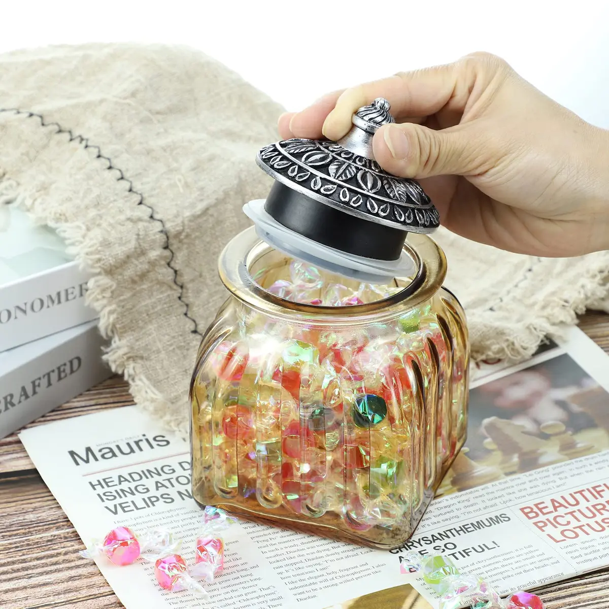 SOCOSY Vintage Crystal Glass Candy Jar with Lid 24 oz | Elegant Kitchen Storage & Wedding Gift - view 3
