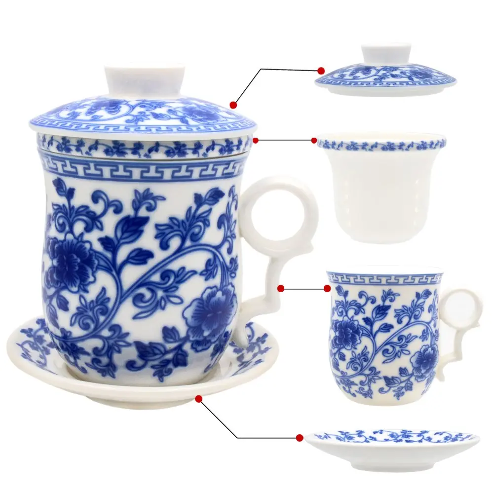 Tea Talent Porcelain Tea Cup with Infuser Lid and Saucer Set - 350ml (12 Oz) | Jingdezhen Ceramics for Loose Leaf Tea - main product image