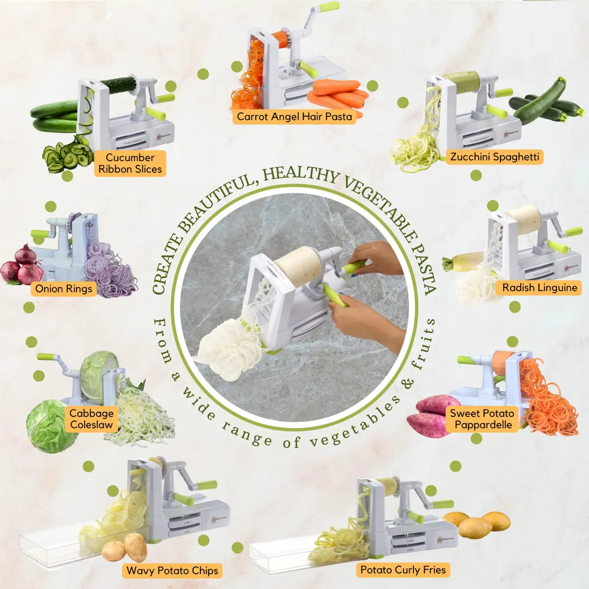 Brieftons 7-Blade Vegetable Spiralizer: Veggie Noodle Maker with Curly Fry & Crinkle Blades | Low Carb, Vegan, Gluten-Free, Keto, Paleo - view 5