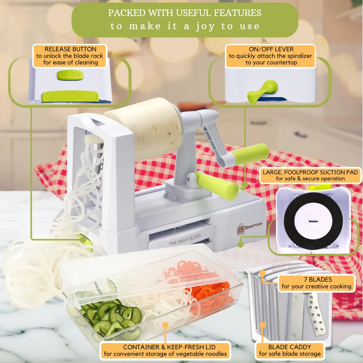 Brieftons 7-Blade Vegetable Spiralizer: Veggie Noodle Maker with Curly Fry & Crinkle Blades | Low Carb, Vegan, Gluten-Free, Keto, Paleo - view 6