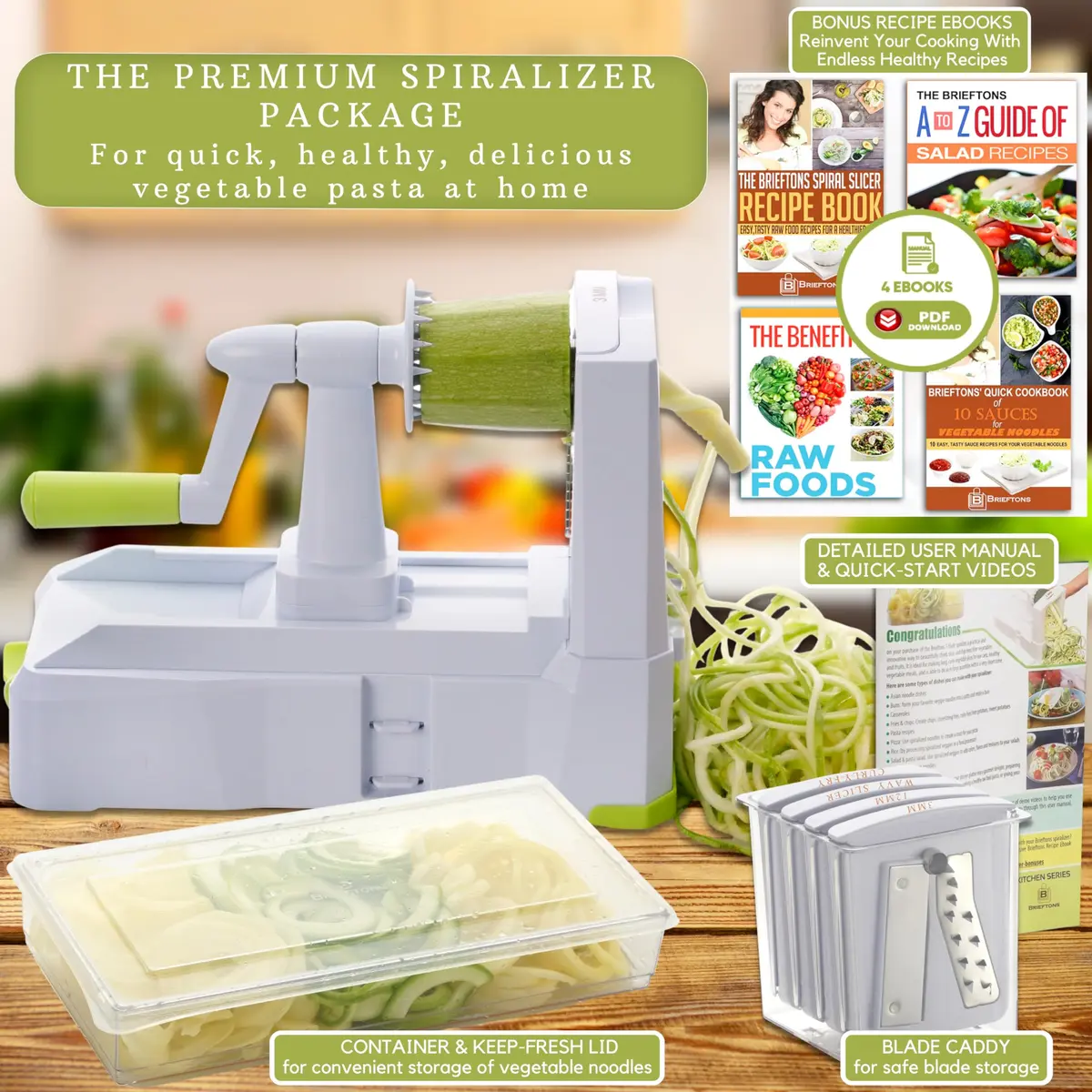 Brieftons 7-Blade Vegetable Spiralizer: Veggie Noodle Maker with Curly Fry & Crinkle Blades | Low Carb, Vegan, Gluten-Free, Keto, Paleo - view 3