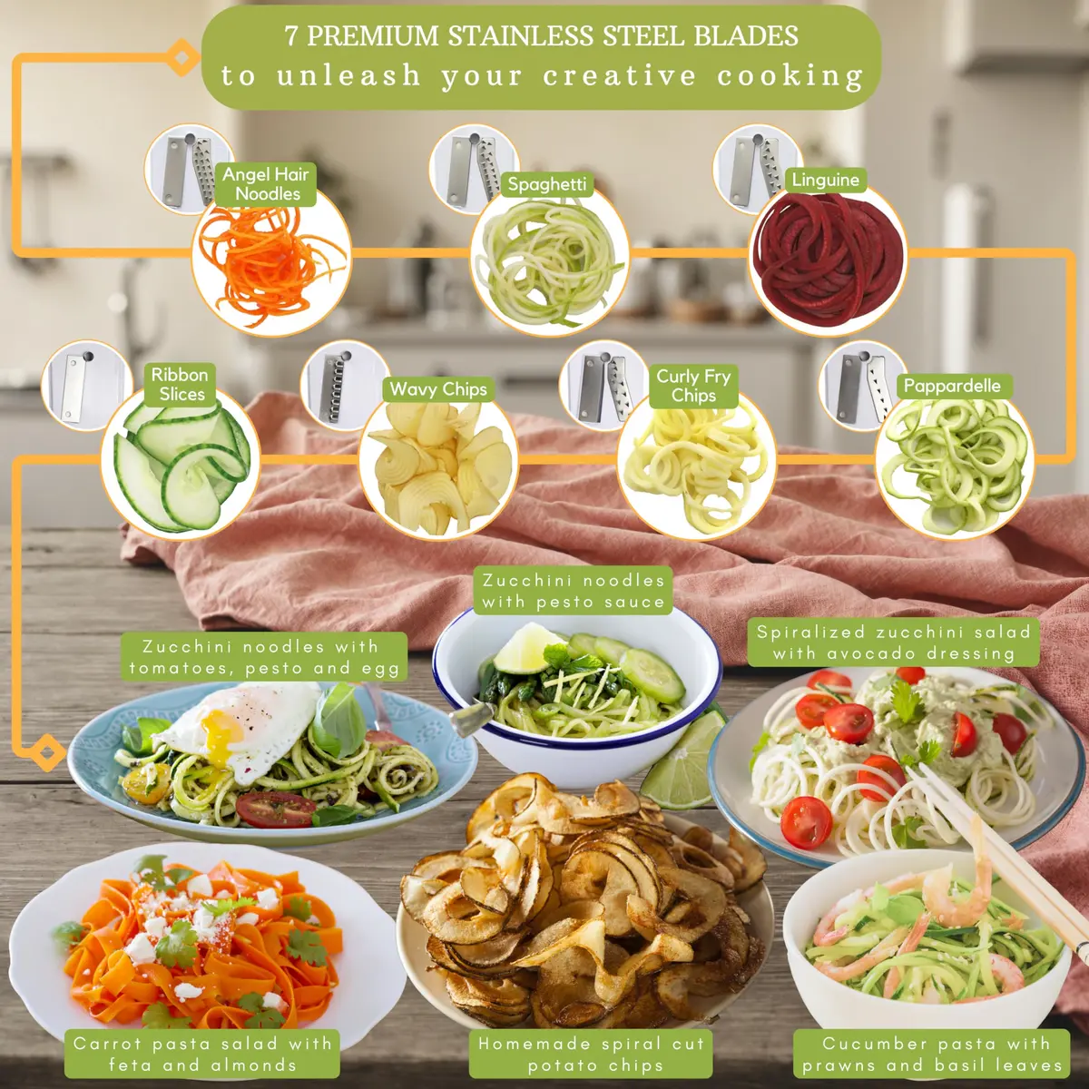 Brieftons 7-Blade Vegetable Spiralizer: Veggie Noodle Maker with Curly Fry & Crinkle Blades | Low Carb, Vegan, Gluten-Free, Keto, Paleo - view 4