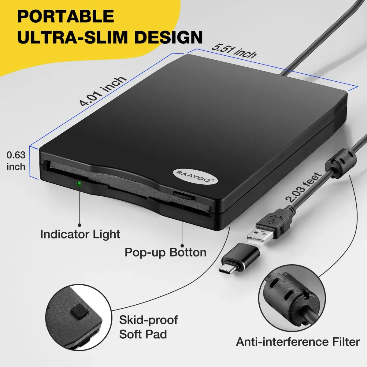 RAAYOO USB Floppy Disk Reader 3.5 inch 1.44 MB FDD External Portable Drive | Access Old Memories - view 7