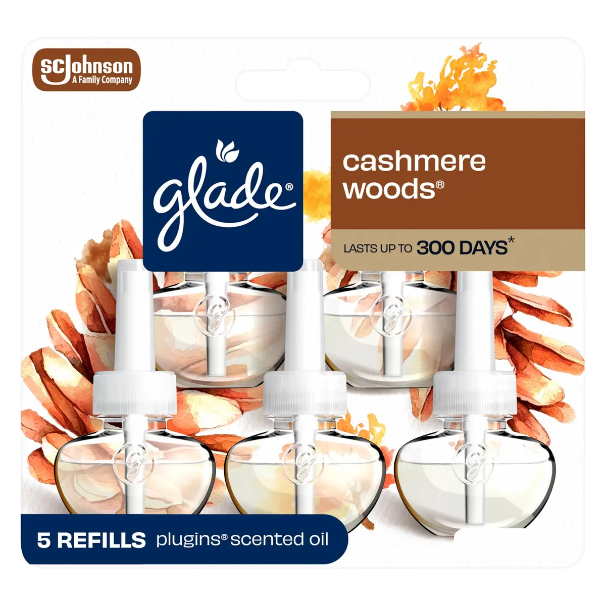 Glade PlugIns Refills Air Freshener, Cashmere Woods Scent, 3.35 Fl Oz Each (5 Count Pack) | Essential Oils for Home & Bathroom - main product image