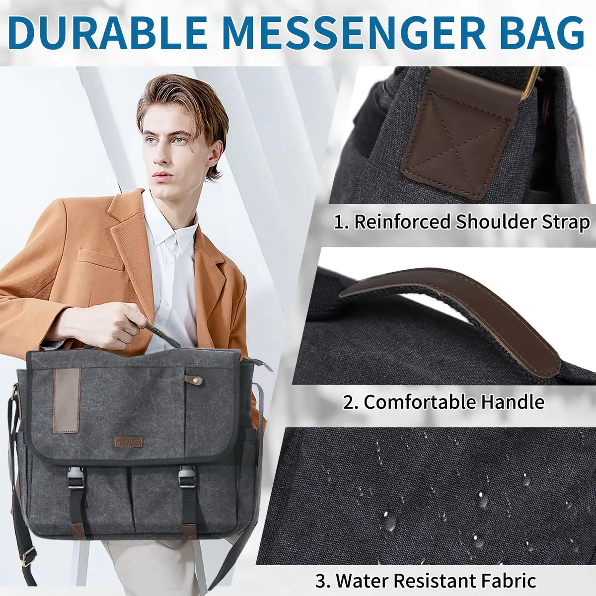 VX VONXURY Water Resistant Canvas Messenger Bag for Men, 15.6 inch Laptop | Vintage Satchel for Work & Travel - view 5