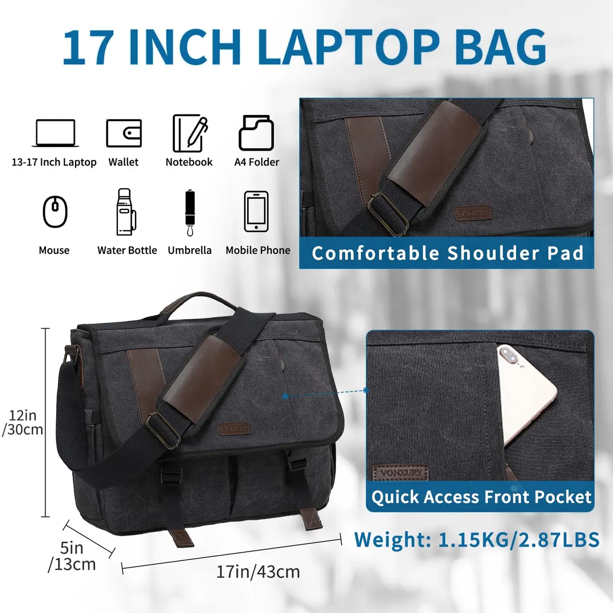 VX VONXURY Water Resistant Canvas Messenger Bag for Men, 15.6 inch Laptop | Vintage Satchel for Work & Travel - view 3