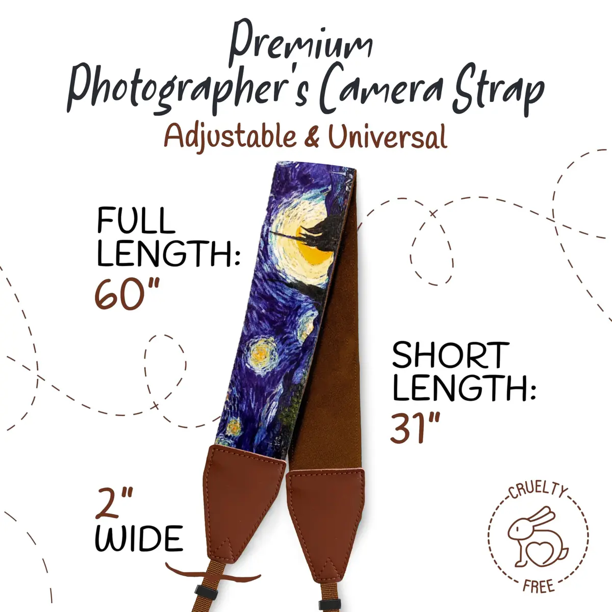 Art Tribute Van Gogh Starry Night Camera Strap | Adjustable Neck, Shoulder & Crossbody, Fits All Cameras, Padded Cotton Weave, Quick Release, Leather Ends - view 5