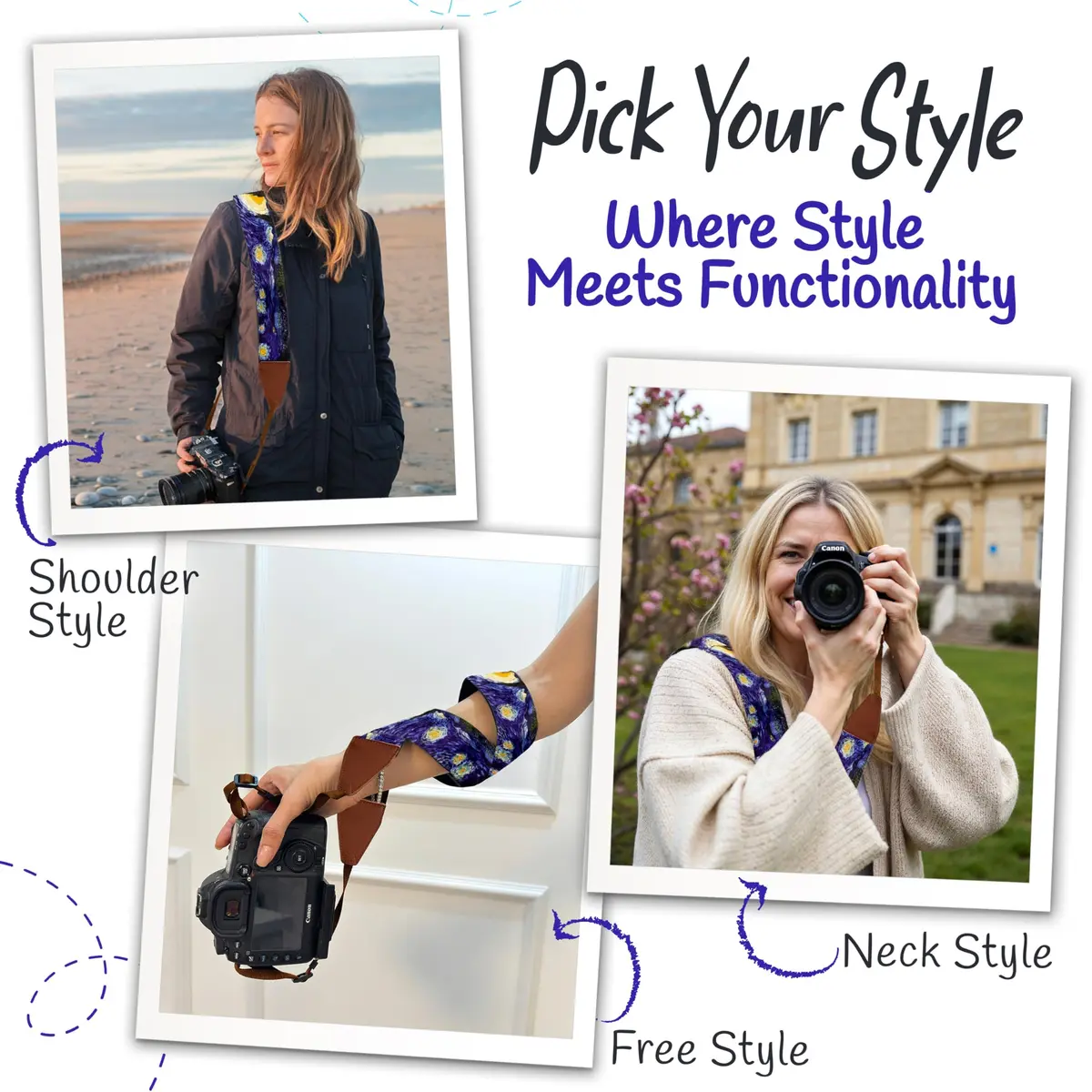 Art Tribute Van Gogh Starry Night Camera Strap | Adjustable Neck, Shoulder & Crossbody, Fits All Cameras, Padded Cotton Weave, Quick Release, Leather Ends - view 6