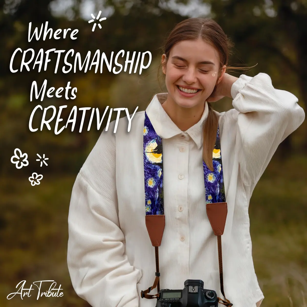 Art Tribute Van Gogh Starry Night Camera Strap | Adjustable Neck, Shoulder & Crossbody, Fits All Cameras, Padded Cotton Weave, Quick Release, Leather Ends - view 8
