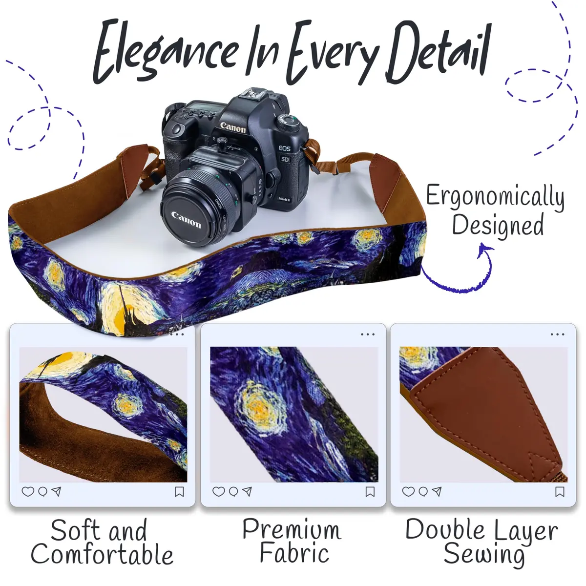 Art Tribute Van Gogh Starry Night Camera Strap | Adjustable Neck, Shoulder & Crossbody, Fits All Cameras, Padded Cotton Weave, Quick Release, Leather Ends - view 3