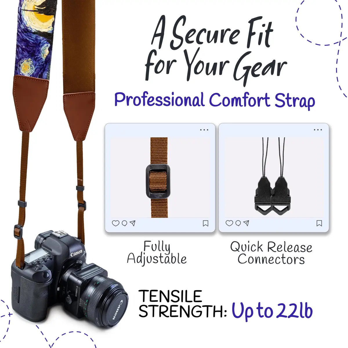 Art Tribute Van Gogh Starry Night Camera Strap | Adjustable Neck, Shoulder & Crossbody, Fits All Cameras, Padded Cotton Weave, Quick Release, Leather Ends - view 4