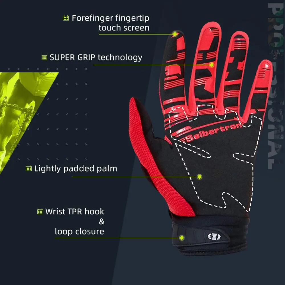 Seibertron Unisex MX ATV MTB Racing Gloves - Full Finger Touchscreen Glove for Bicycle Cycling Mountain Biking Motorcycle and Motocross Red L | Impact & Grip - view 4