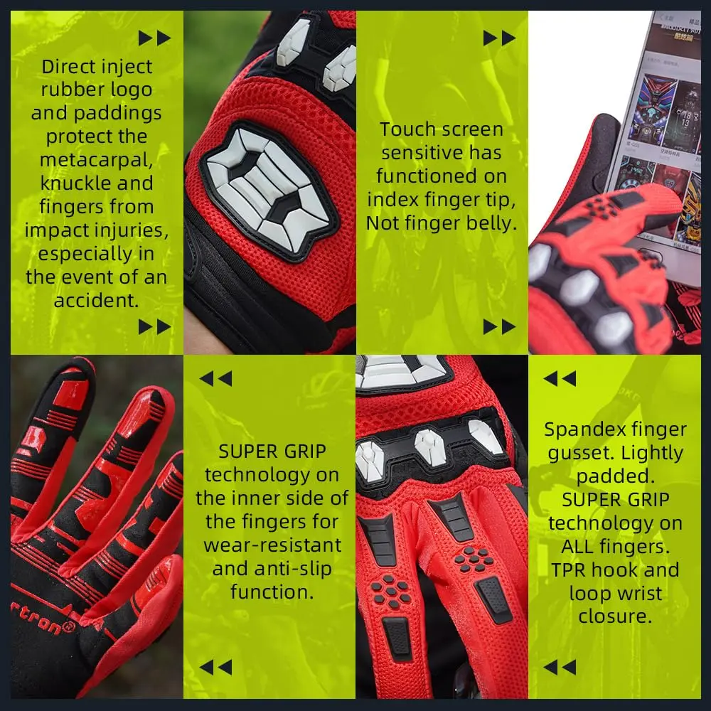 Seibertron Unisex MX ATV MTB Racing Gloves - Full Finger Touchscreen Glove for Bicycle Cycling Mountain Biking Motorcycle and Motocross Red L | Impact & Grip - view 5
