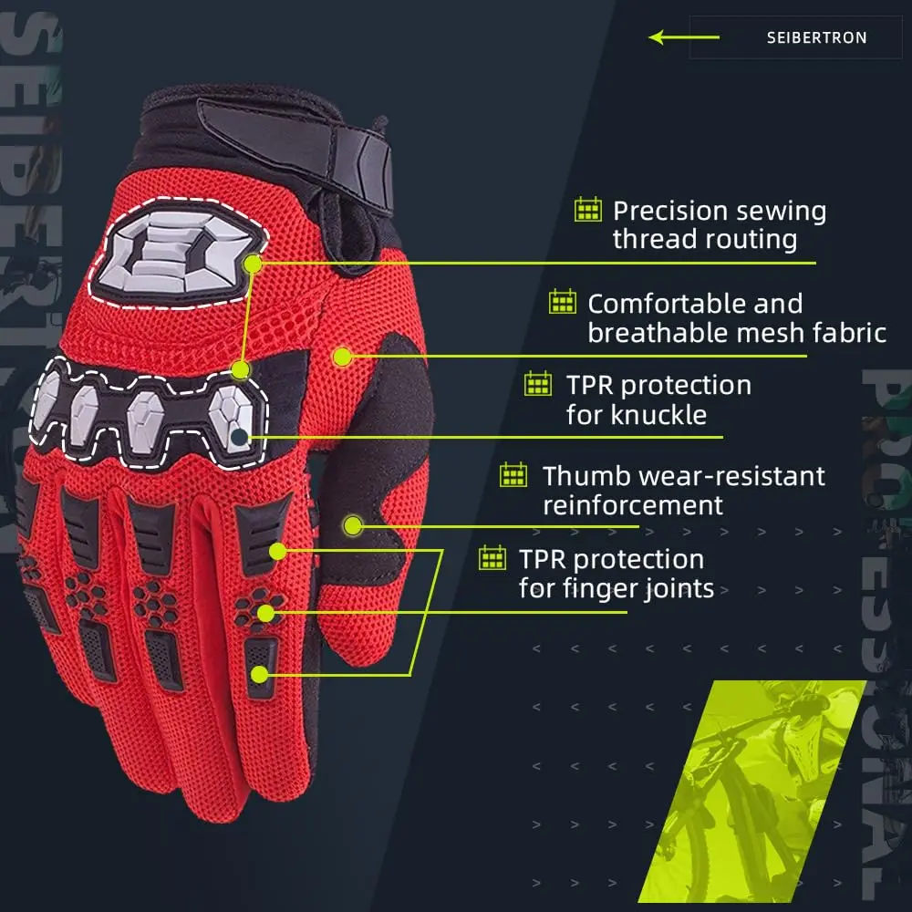 Seibertron Unisex MX ATV MTB Racing Gloves - Full Finger Touchscreen Glove for Bicycle Cycling Mountain Biking Motorcycle and Motocross Red XL | Durable, Fitted, Impact-Resistant - view 3