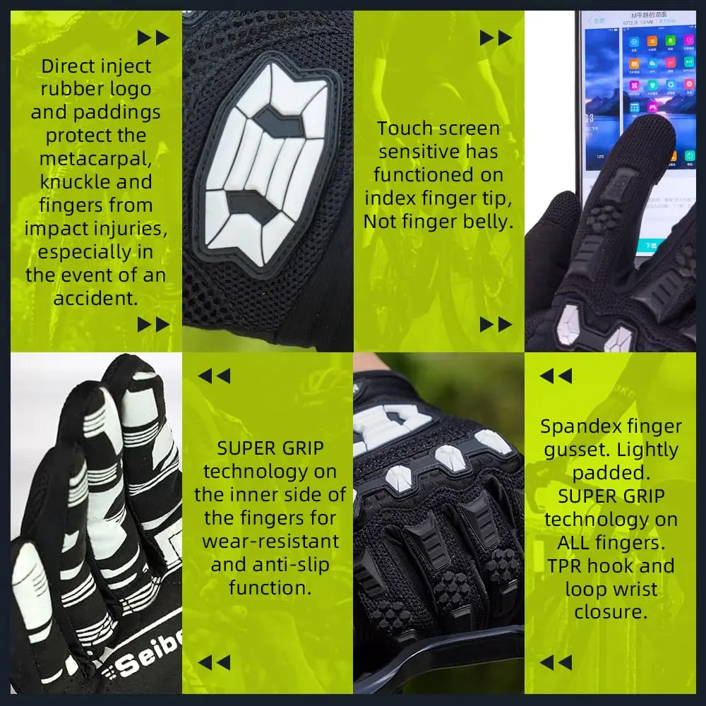 Seibertron Unisex MX ATV MTB Racing Gloves XL Black | Full Finger Touchscreen Protection - view 5