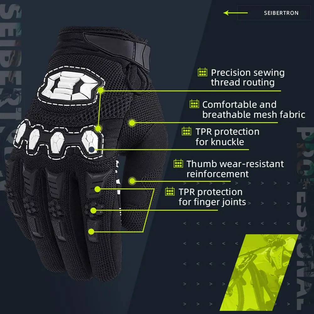 Seibertron Unisex BMX MX ATV MTB Racing Gloves - Full Finger, Black M | Touch Recognition for Road Racing & Motorcycle Sports - view 3