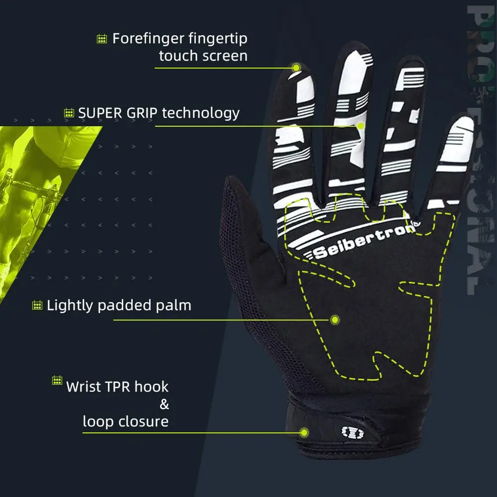 Seibertron Unisex BMX MX ATV MTB Racing Gloves - Full Finger, Black M | Touch Recognition for Road Racing & Motorcycle Sports - view 4