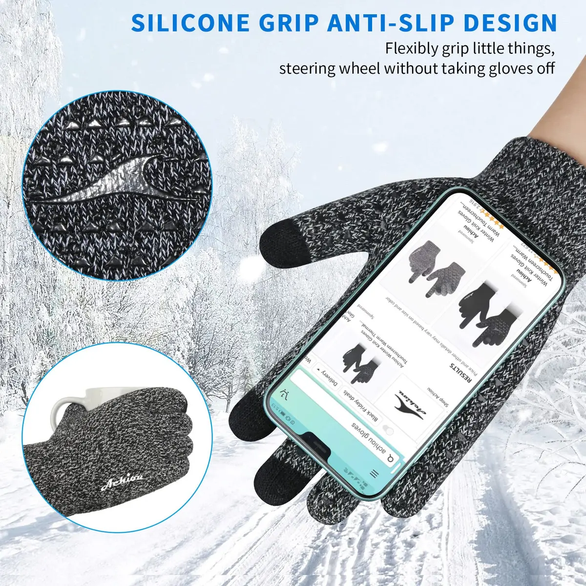 Achiou Winter Gloves for Men and Women, Touchscreen Knit Gloves | Warm, Breathable & Anti-Slip - view 3