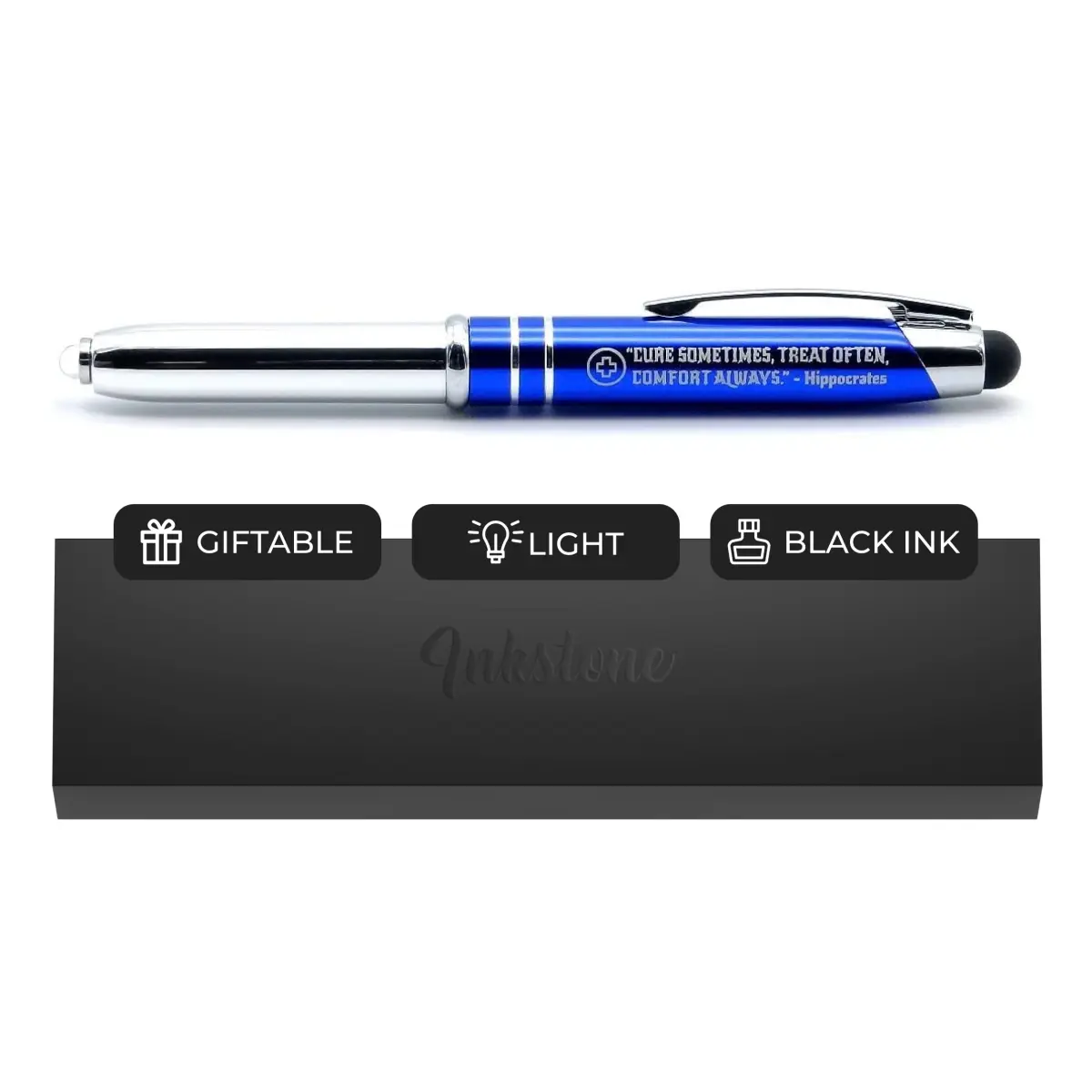 Inkstone Medical Gift Pen with Light & Stylus | Engraved Hippocrates Quote, Black - main product image