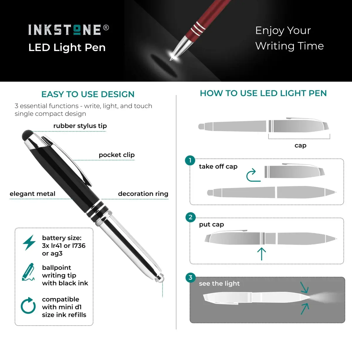 Inkstone Medical Gift Pen with Light & Stylus | Engraved Hippocrates Quote, Black - view 6