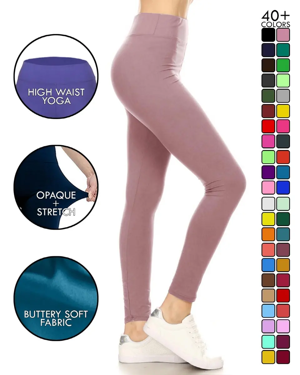 Leggings Depot Women's 3" Waistband Yoga High Waisted Solid Leggings Pants (Full Length, Mauve, Plus Size) | Comfortable & Flattering Fit - view 3