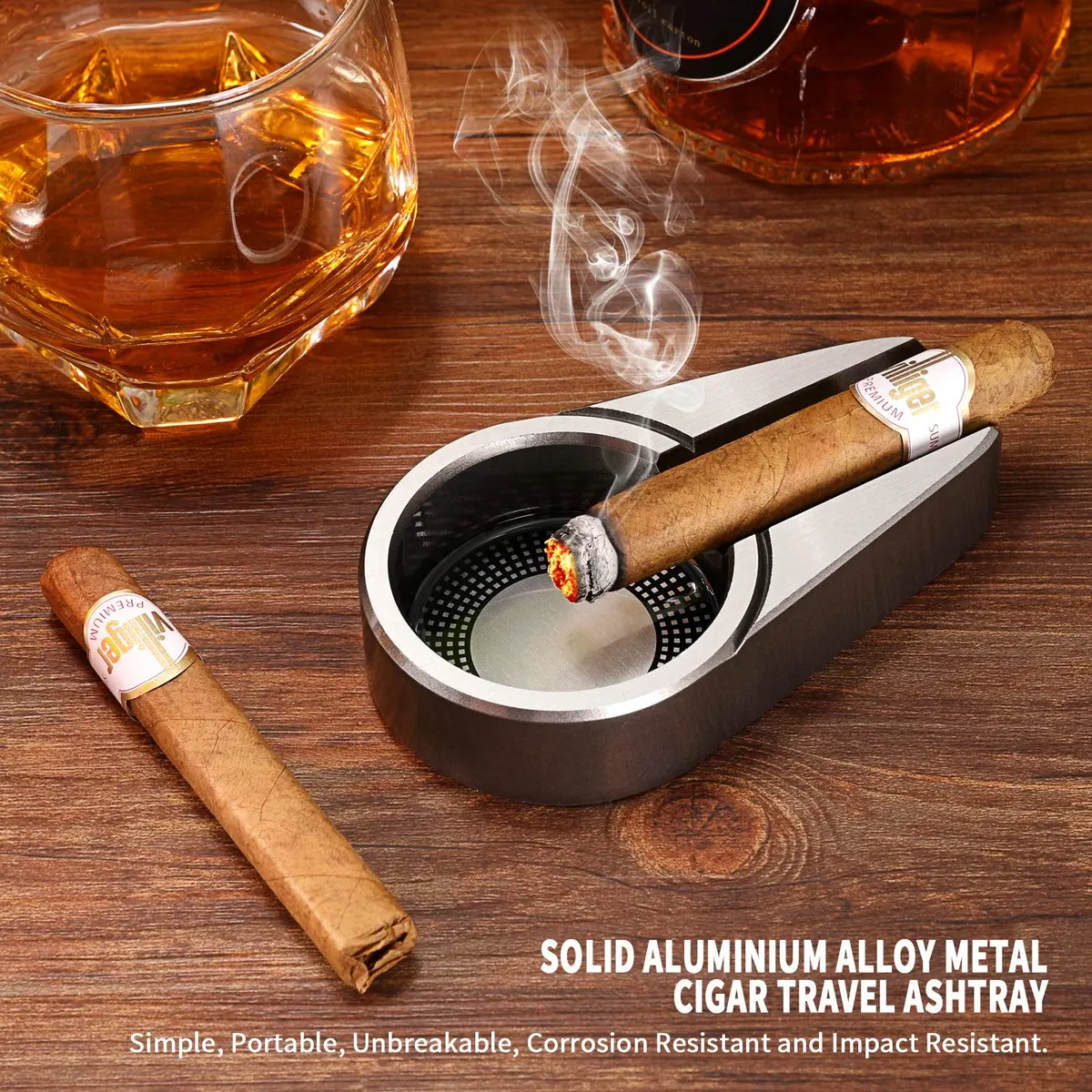 CiTree Metal Ashtray Silver | Modern Compact Travel Design with Single Cigar Rest - view 6