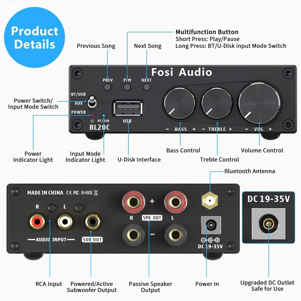 Fosi Audio BL20C Bluetooth 5.0 Stereo Receiver Amplifier 320 Watts 2.1 CH Mini Hi-Fi Class D TDA7498E Integrated Amp with U-Disk Player and Power Supply - view 2