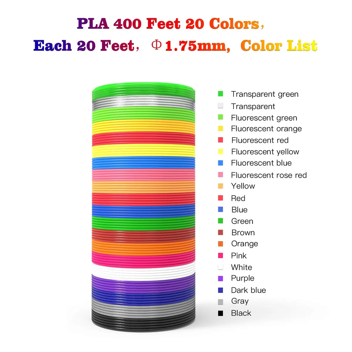 dikale 3D Pen Filament 400 Feet | 20 Colors PLA Refills for Smooth Printing - view 2