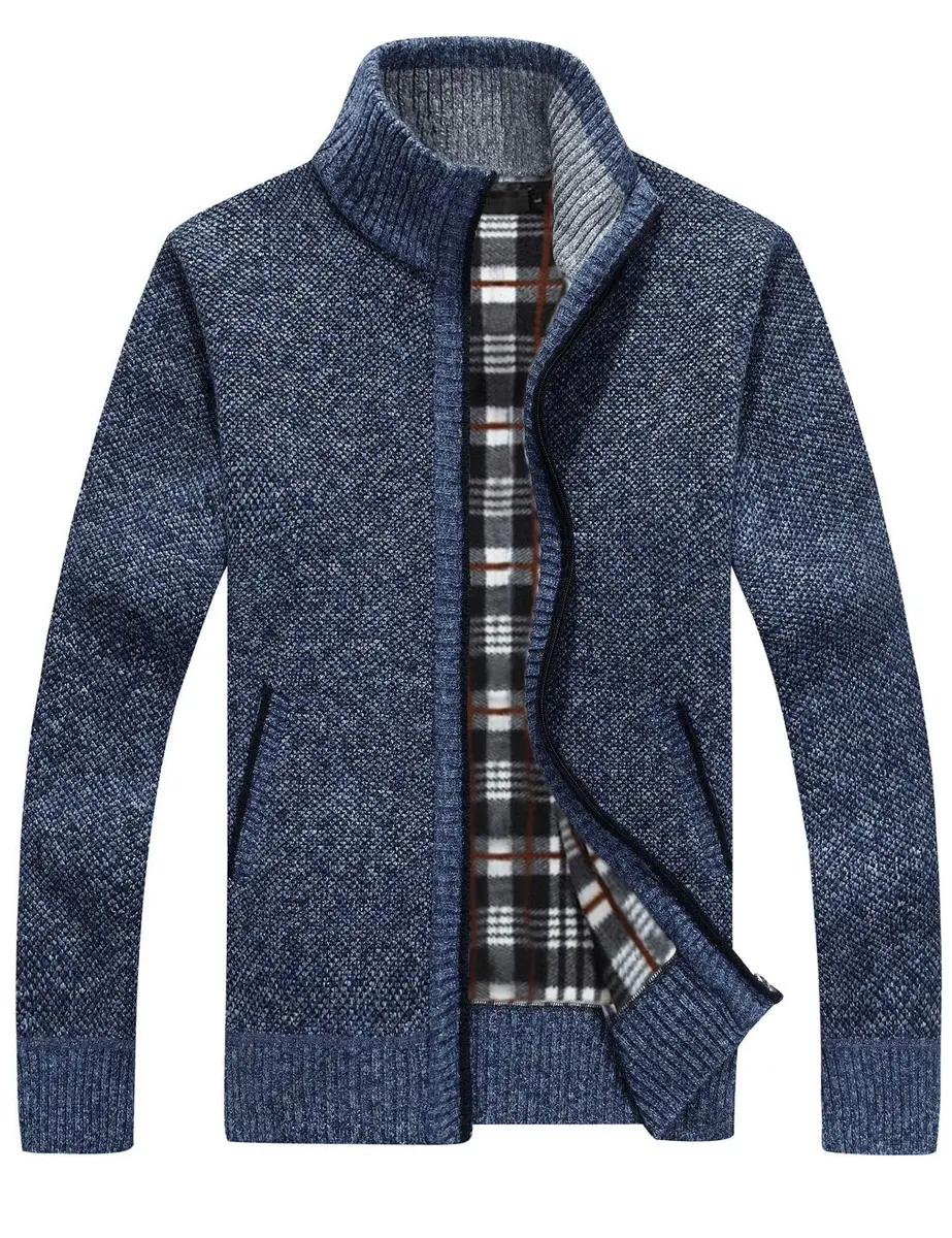 Yeokou Men's Casual Slim Full Zip Thick Knitted Cardigan Sweater with Pockets (Medium, Blue001) | Warm & Durable Knit for Casual & Office - main product image