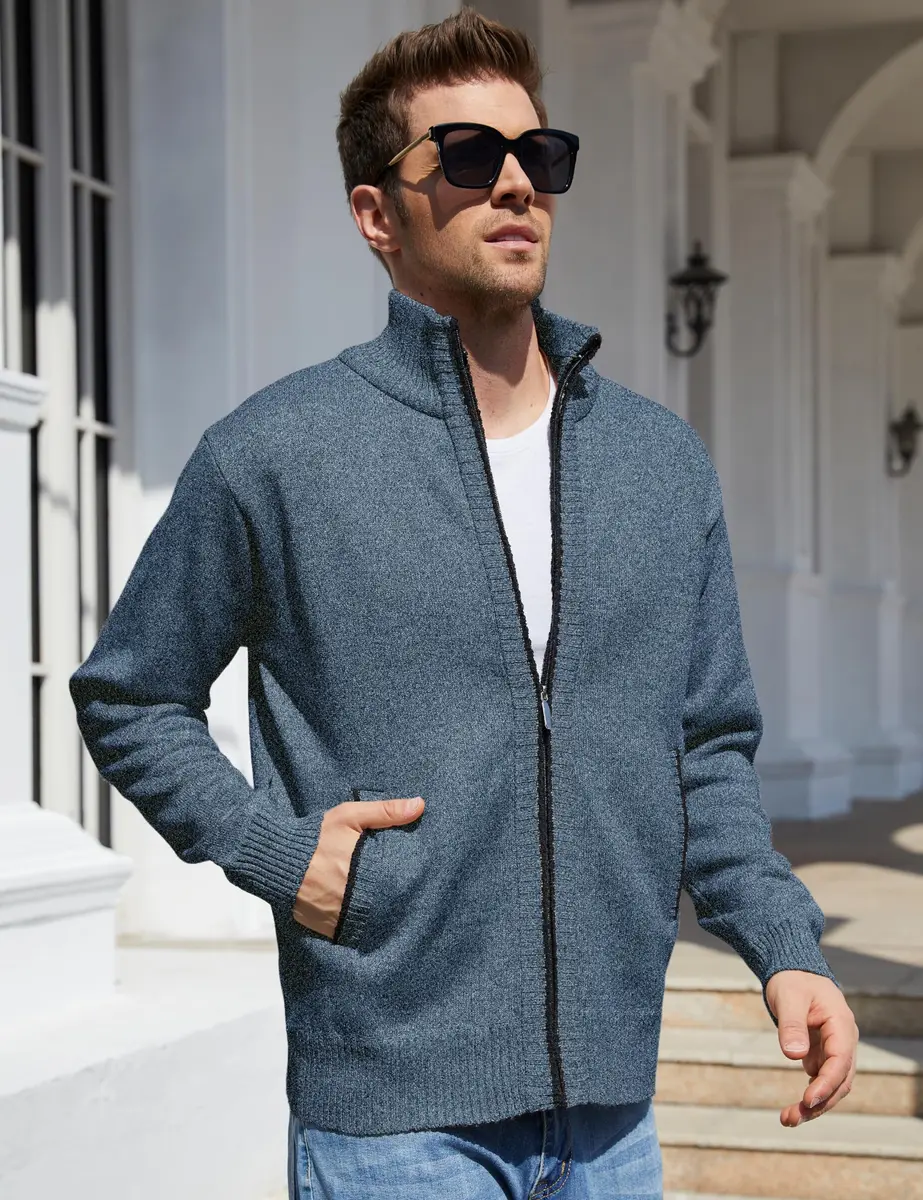 Yeokou Men's Casual Slim Full Zip Thick Knitted Cardigan Sweater with Pockets (Medium, Blue001) | Warm & Durable Knit for Casual & Office - view 7