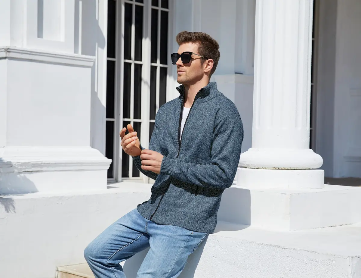 Yeokou Men's Casual Slim Full Zip Thick Knitted Cardigan Sweater with Pockets (Medium, Blue001) | Warm & Durable Knit for Casual & Office - view 8