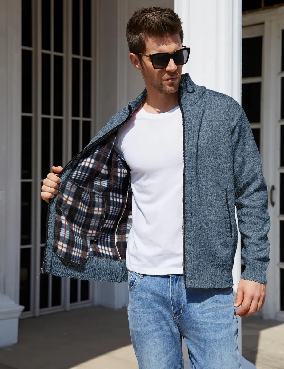 Yeokou Men's Casual Slim Full Zip Thick Knitted Cardigan Sweater with Pockets (Medium, Blue001) | Warm & Durable Knit for Casual & Office - view 2