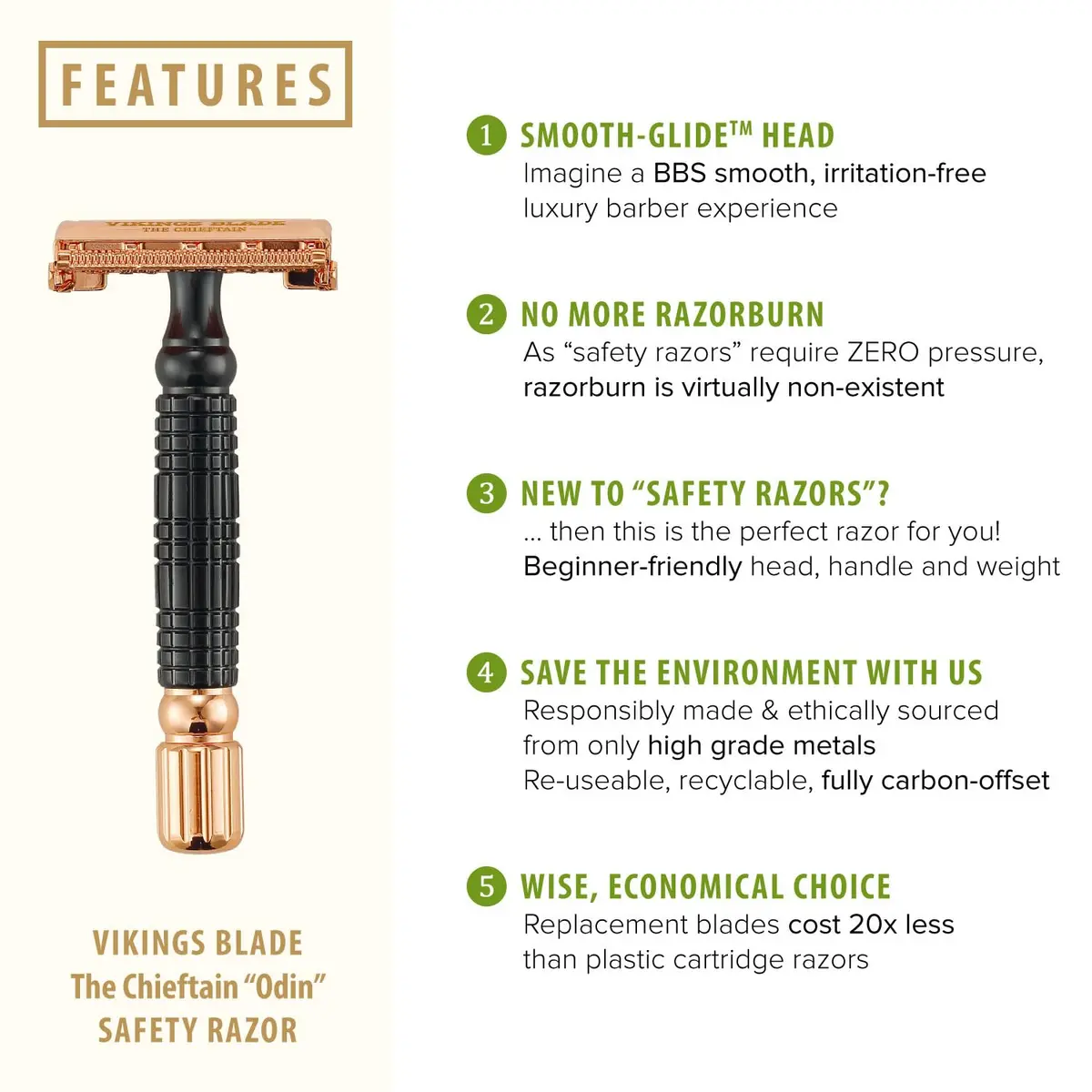 Vikings Blade Double Edge Safety Razor for Men + 5 Swedish Steel Blades + Luxury Case | Eco-Friendly & Reusable (Odin "Odin") - view 2