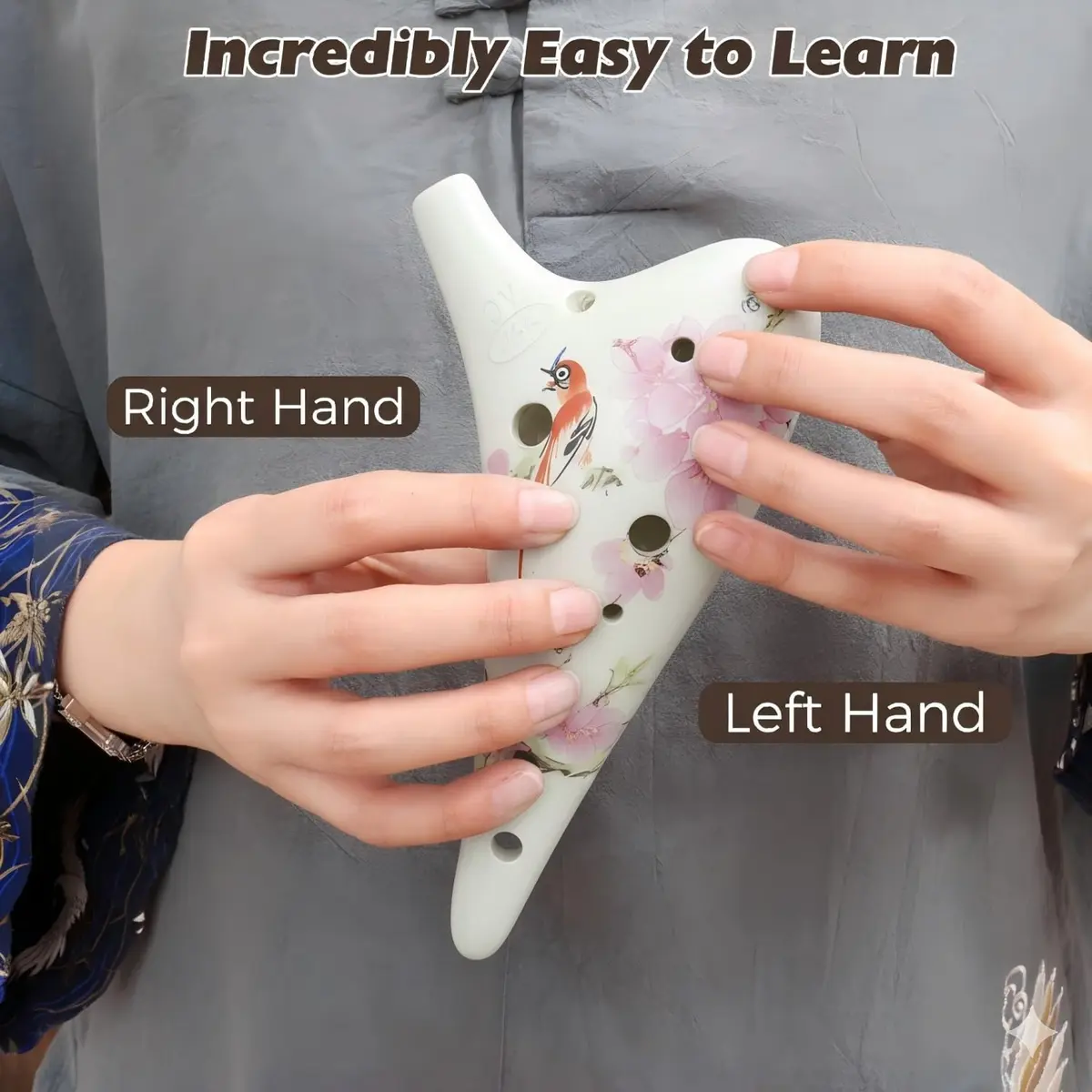 OcarinaWind 12 Hole Ceramic Tenor C Ocarina – Bird Loves Flower | Handcrafted Collectible - view 2