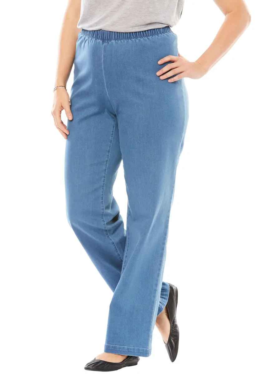 Woman Within Fineline Stretch Denim Wide-Leg Pull-On Jeans | All-Day Comfort & Style (70-120 chars) - main product image