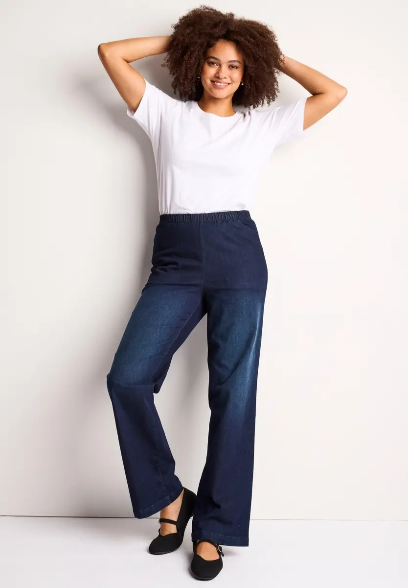 Woman Within Fineline Stretch Denim Wide-Leg Pull-On Jeans | All-Day Comfort & Style (70-120 chars) - view 3