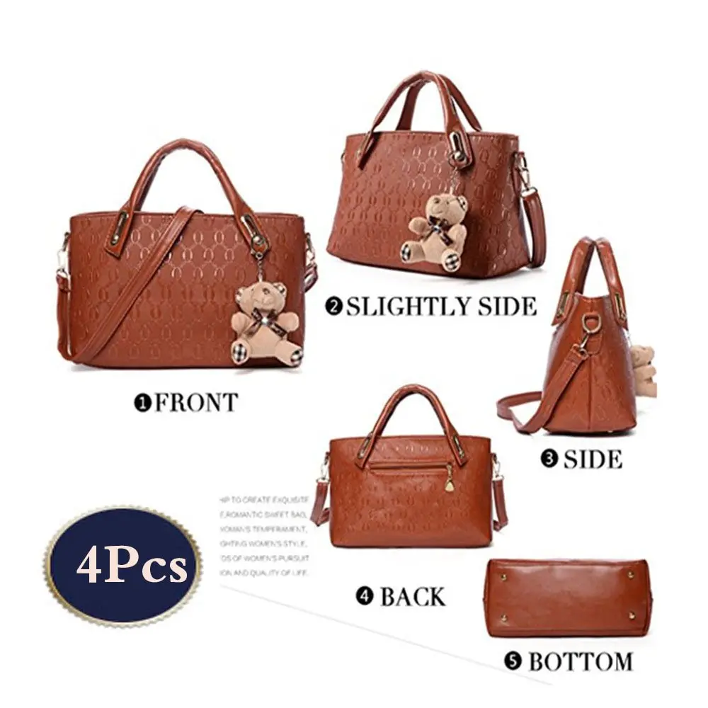 FiveloveTwo Women 4 Pcs Top Handle Satchel Hobo Handbag Set Large Tote +Purse +Shoulder Bag+Card Holder Brown | High-Quality PU Leather - view 4