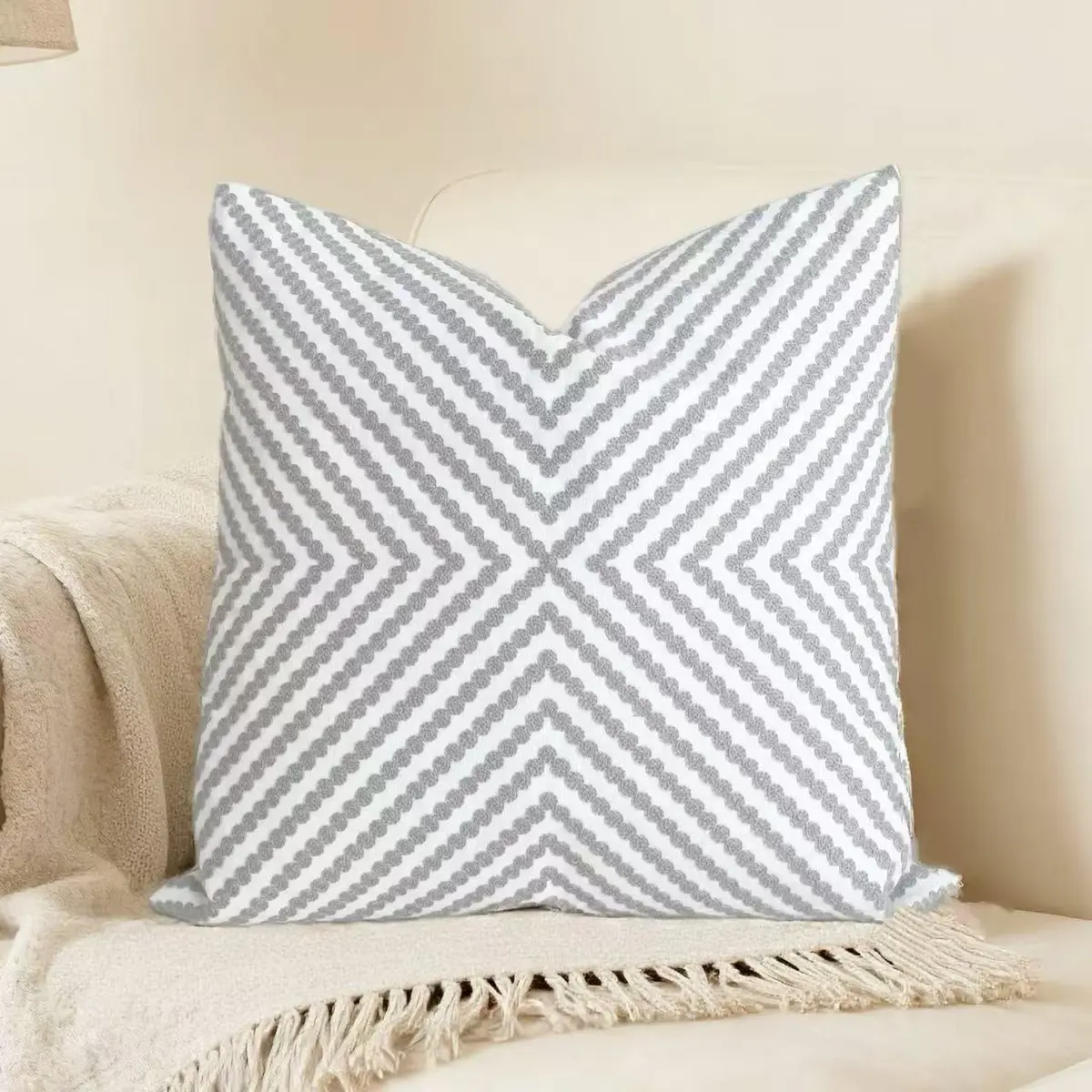 Slow Cow Embroidered Throw Pillow Cover 18 x 18 Inch Grey | Intricate Embroidery, Cotton, Zipper - main product image