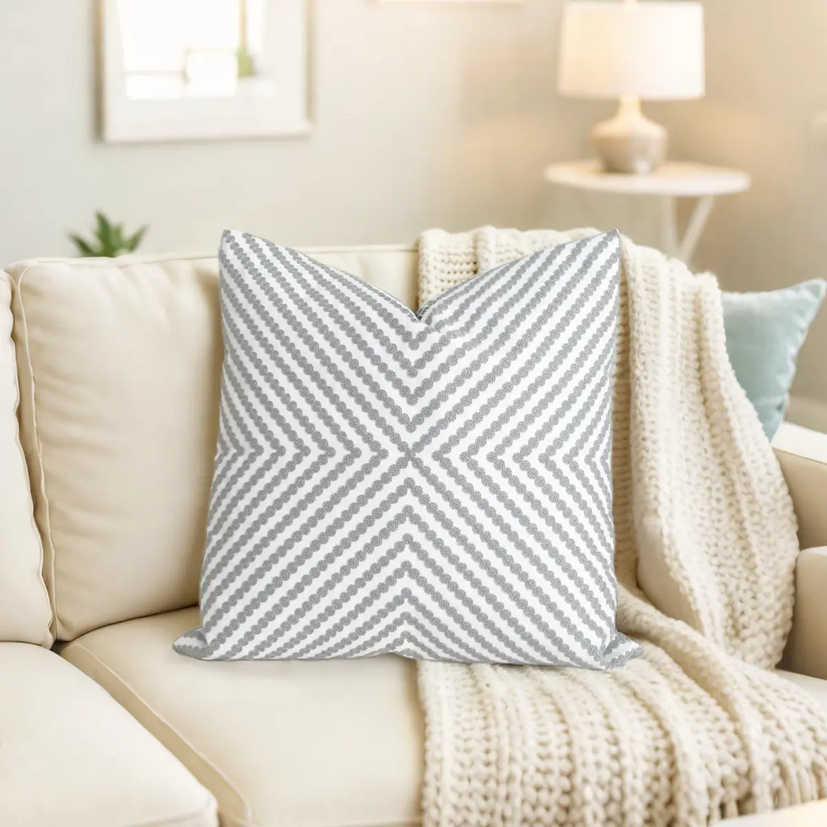 Slow Cow Embroidered Throw Pillow Cover 18 x 18 Inch Grey | Intricate Embroidery, Cotton, Zipper - view 5