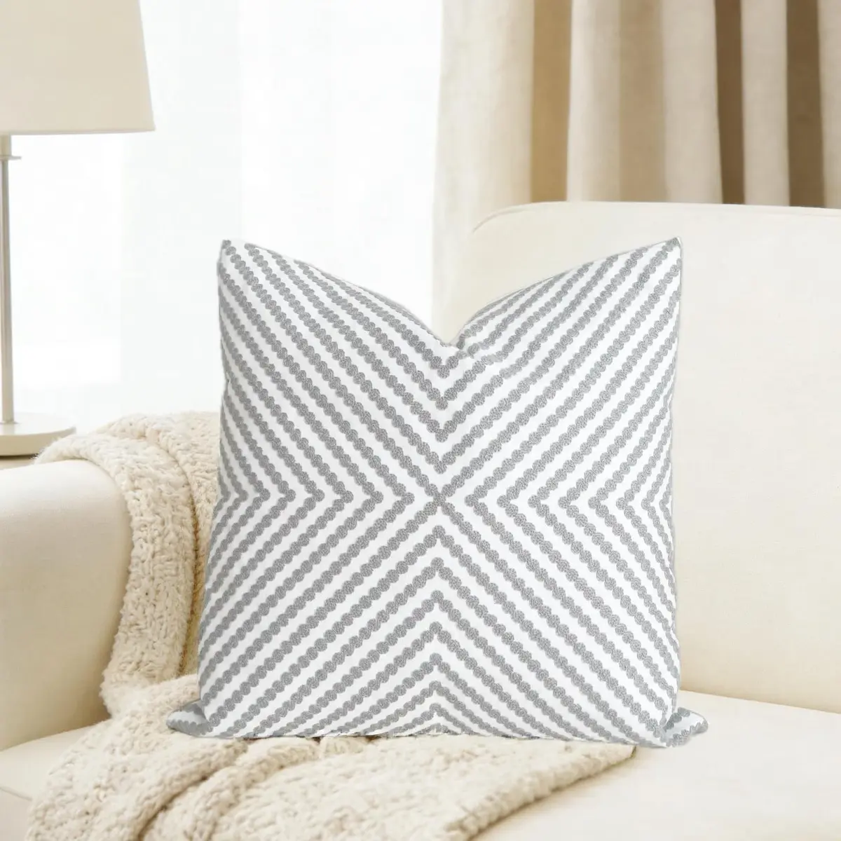Slow Cow Embroidered Throw Pillow Cover 18 x 18 Inch Grey | Intricate Embroidery, Cotton, Zipper - view 3