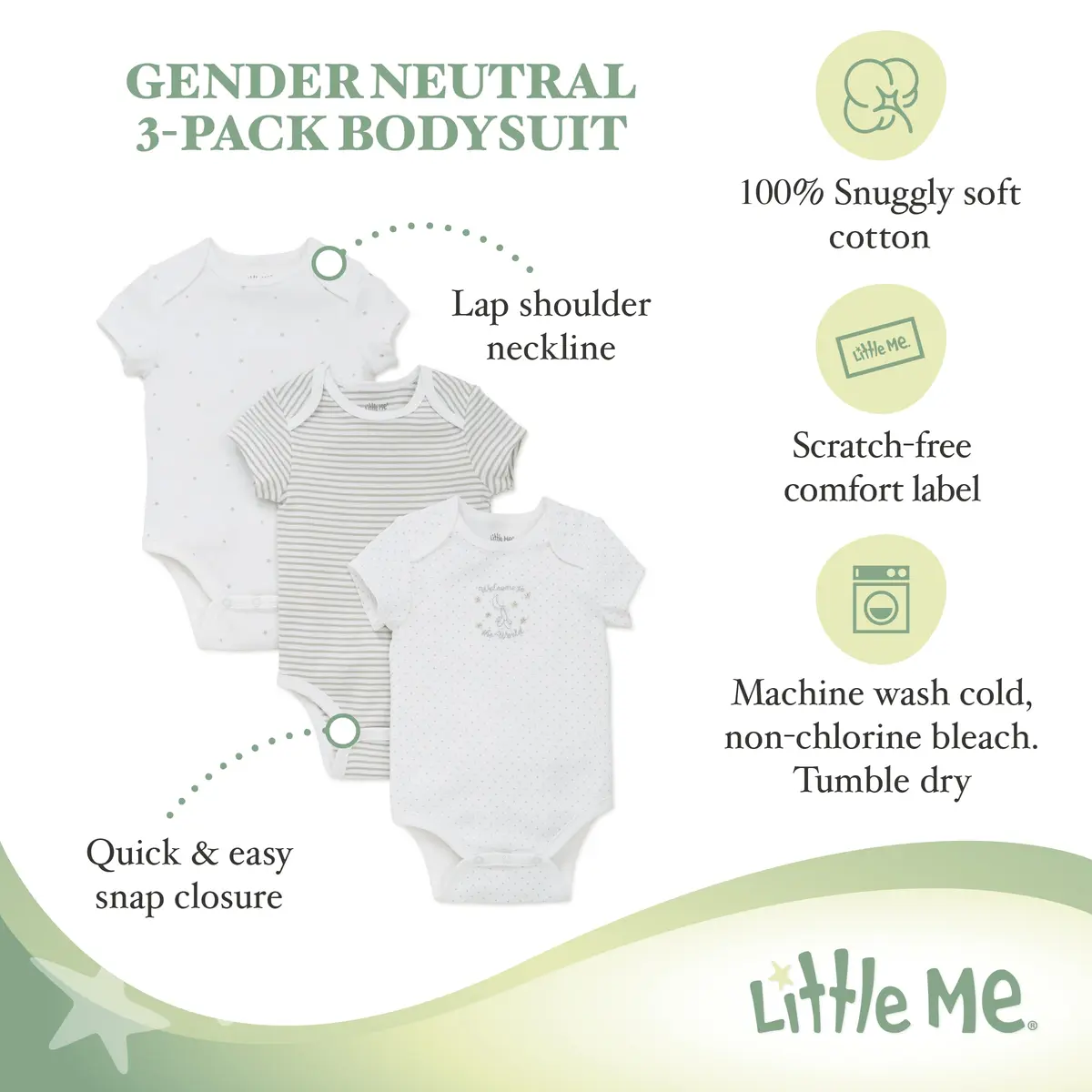 Little Me Baby Boys 3-pack 100% Cotton Scratch Free Tag Onesies, Newborn US | Soft, Safe & Stylish - view 2