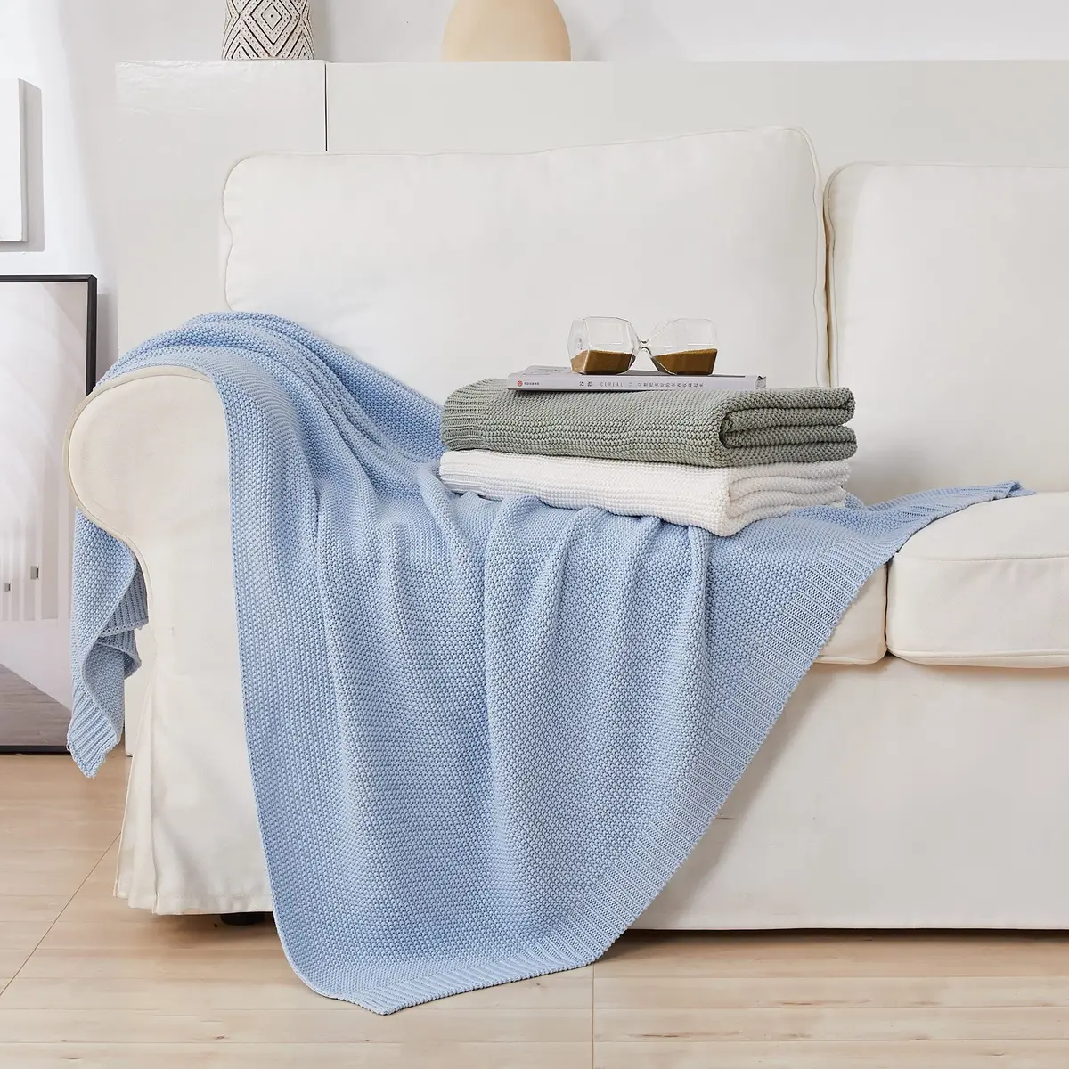 Longhui bedding 100% Cotton Light Blue Cable Knit Throw Blanket for Couch Sofa Bed Home Décor – Lightweight 50" x 60" - view 5