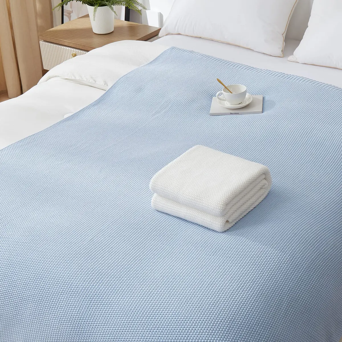 Longhui bedding 100% Cotton Light Blue Cable Knit Throw Blanket for Couch Sofa Bed Home Décor – Lightweight 50" x 60" - view 6
