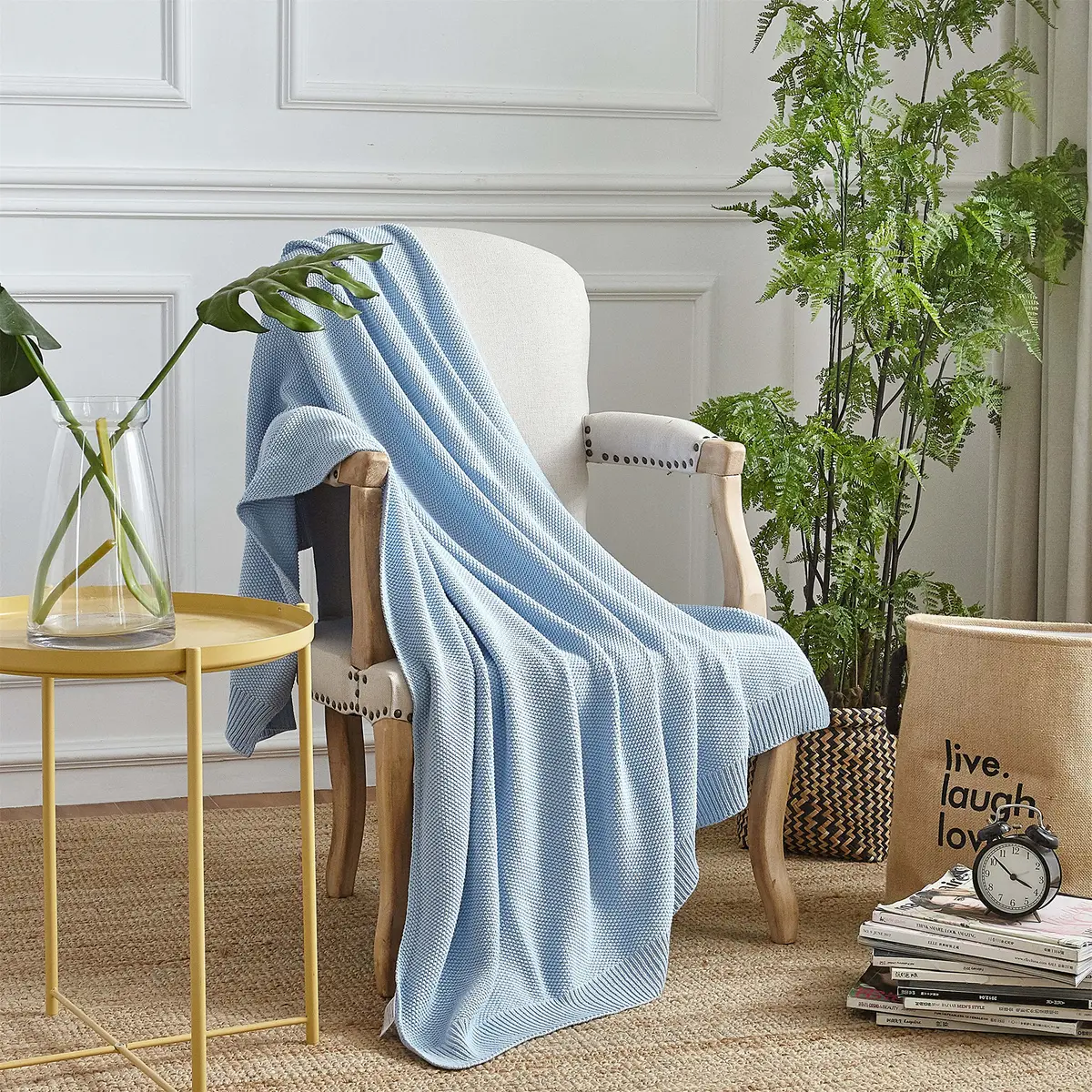 Longhui bedding 100% Cotton Light Blue Cable Knit Throw Blanket for Couch Sofa Bed Home Décor – Lightweight 50" x 60" - view 8