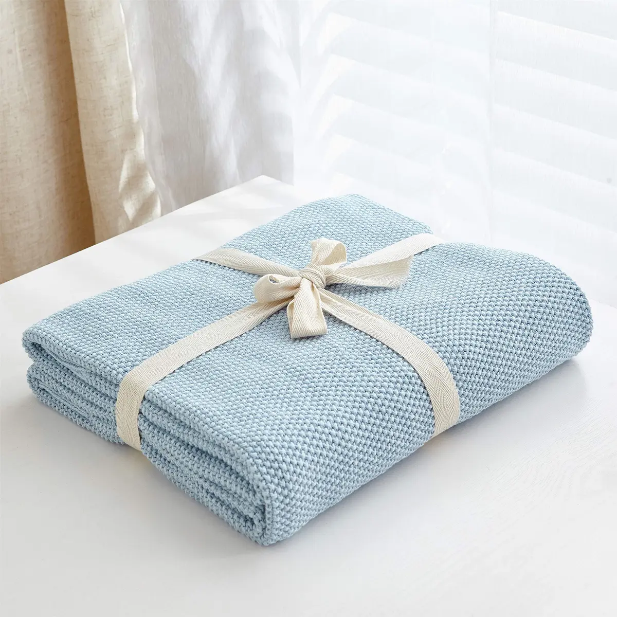 Longhui bedding 100% Cotton Light Blue Cable Knit Throw Blanket for Couch Sofa Bed Home Décor – Lightweight 50" x 60" - view 2