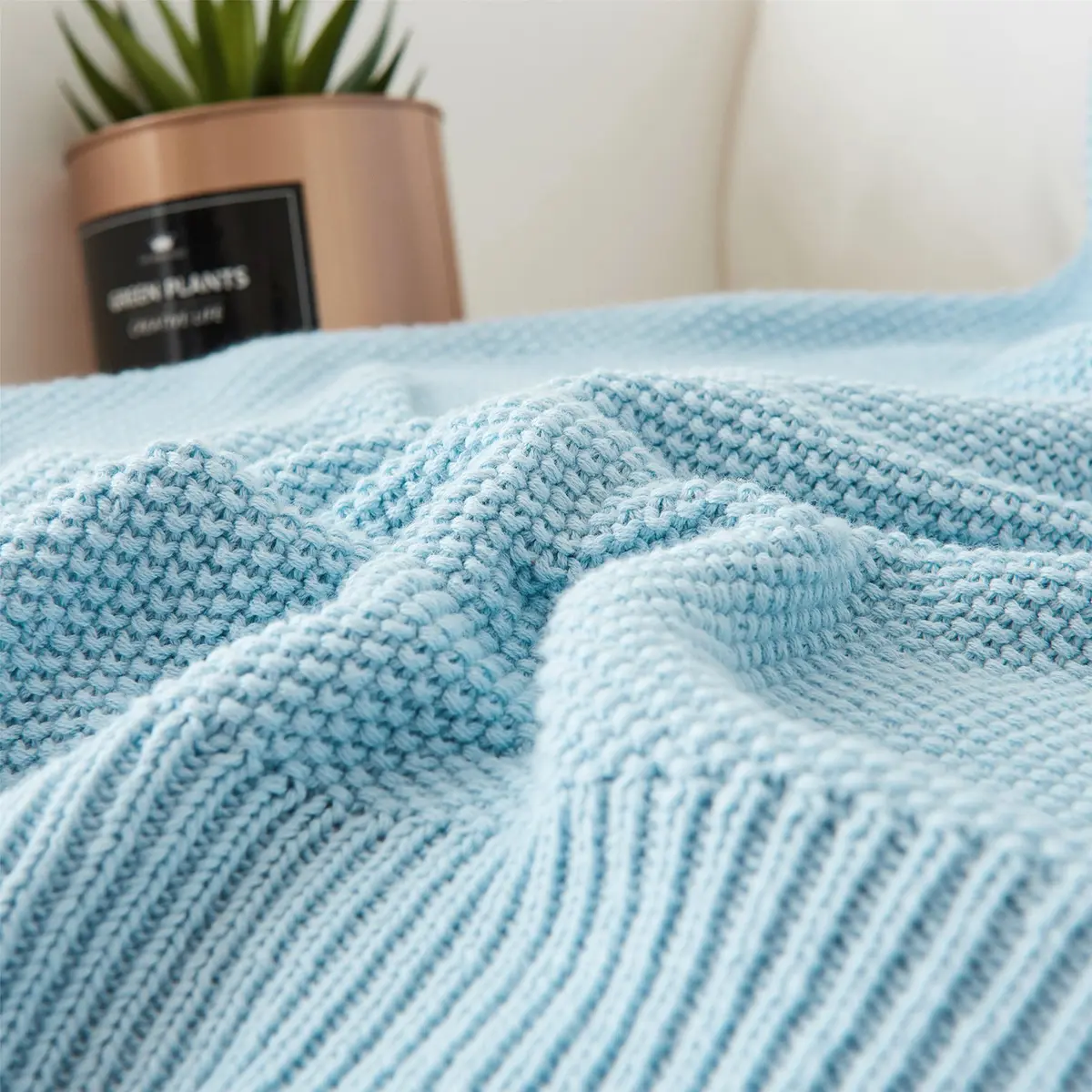 Longhui bedding 100% Cotton Light Blue Cable Knit Throw Blanket for Couch Sofa Bed Home Décor – Lightweight 50" x 60" - view 3