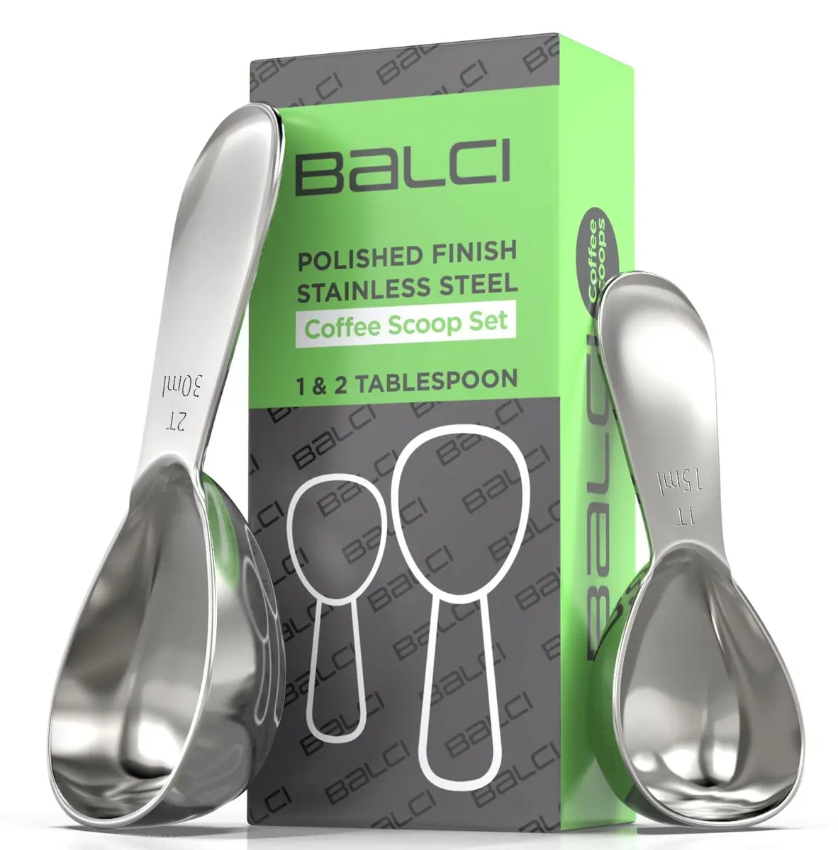 BALCI Stainless Steel Coffee Scoop Set - 1 & 2 Tablespoon (15ml/30ml) | Accurate Measurement & Durable Design - main product image